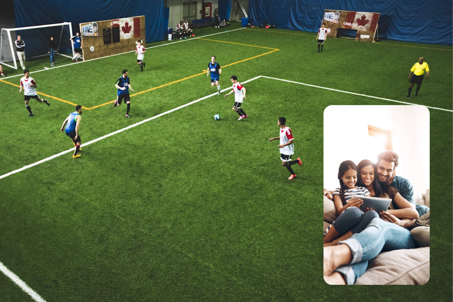 Installed venue camera view of a game, with a family watching the live stream from home