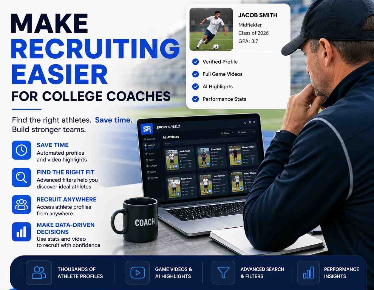 Coach reviewing an athlete recruiting dashboard on a laptop